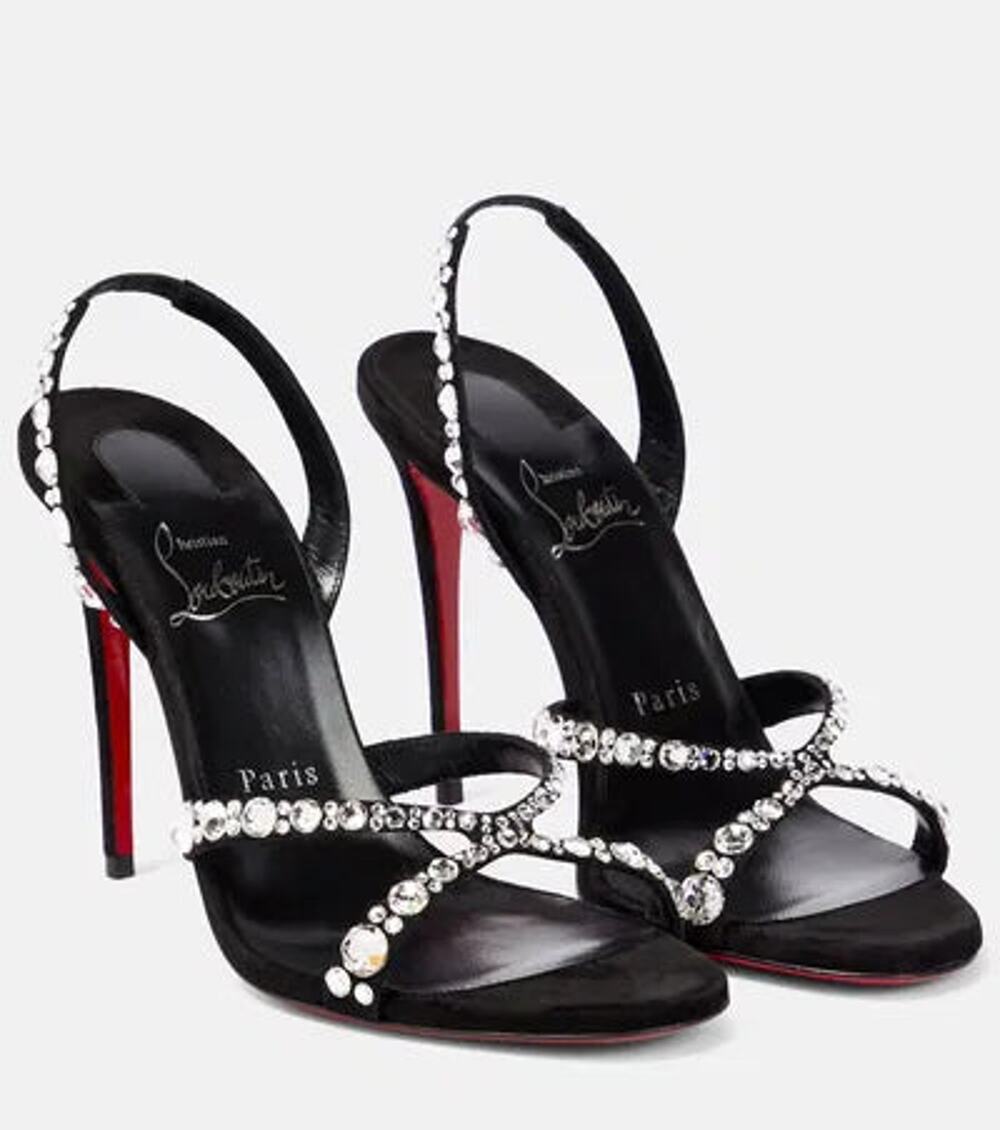 Christian Louboutin Emilie Suede Embellished Slingback Sandals Black Women EU 38